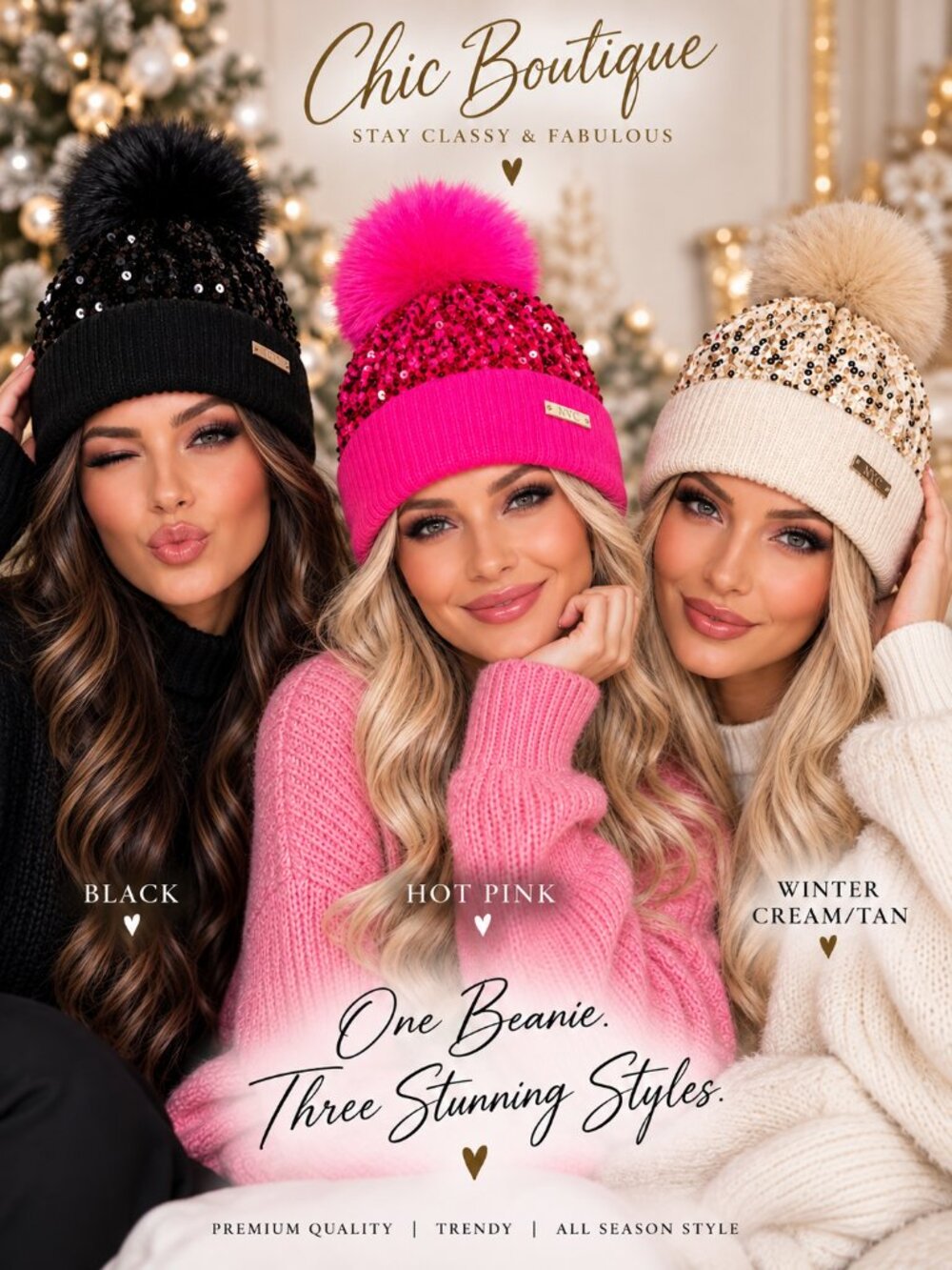 Women’s Sequin Pom Pom Beanie Sparkle Knit Winter Hat Faux Fur Cuffed